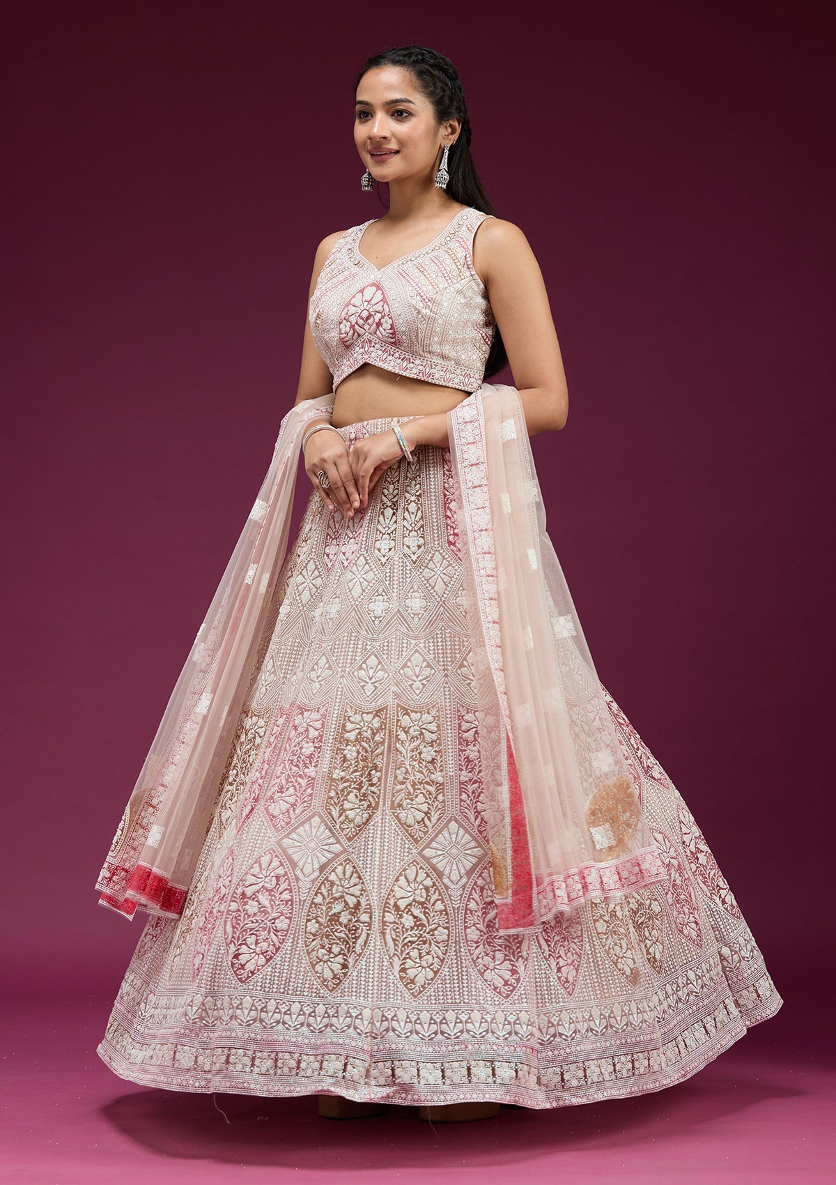 Beige Pearlwork Net Readymade Lehenga-koskii
