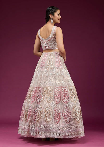 Beige Pearlwork Net Readymade Lehenga-koskii