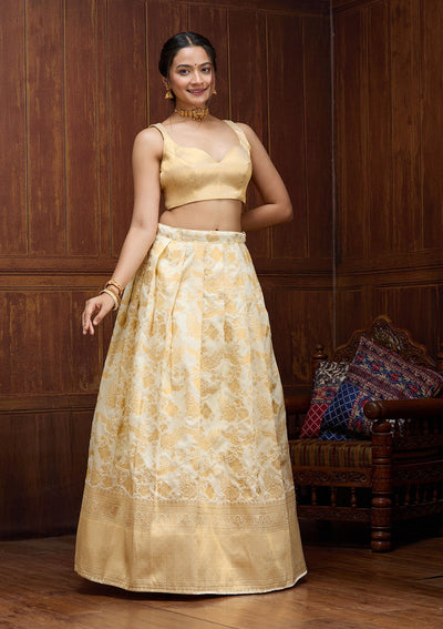 Off White Banarasi Readymade Lehenga-Koskii