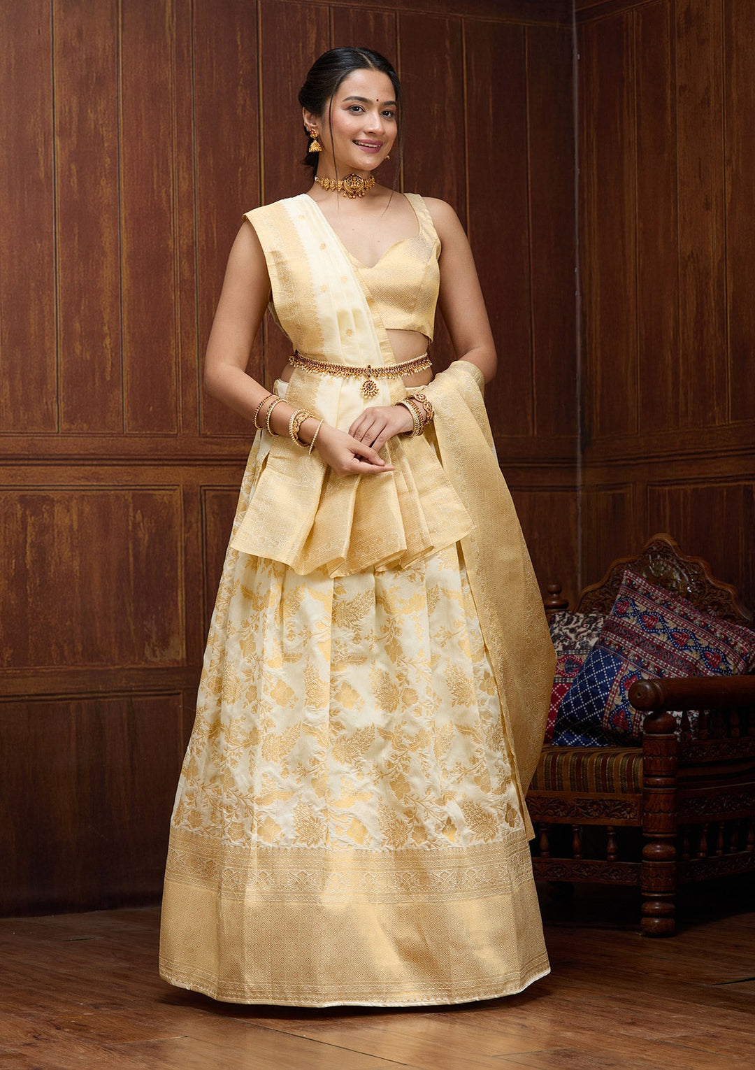 Off White Banarasi Readymade Lehenga-Koskii