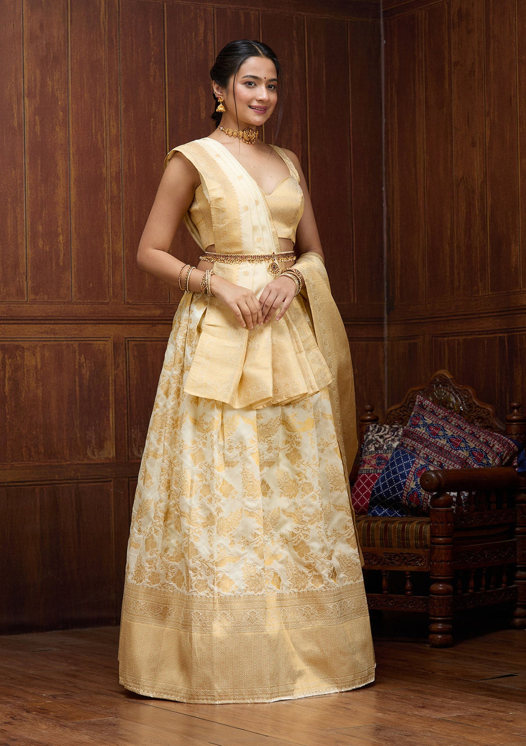 Off White Banarasi Readymade Lehenga-Koskii