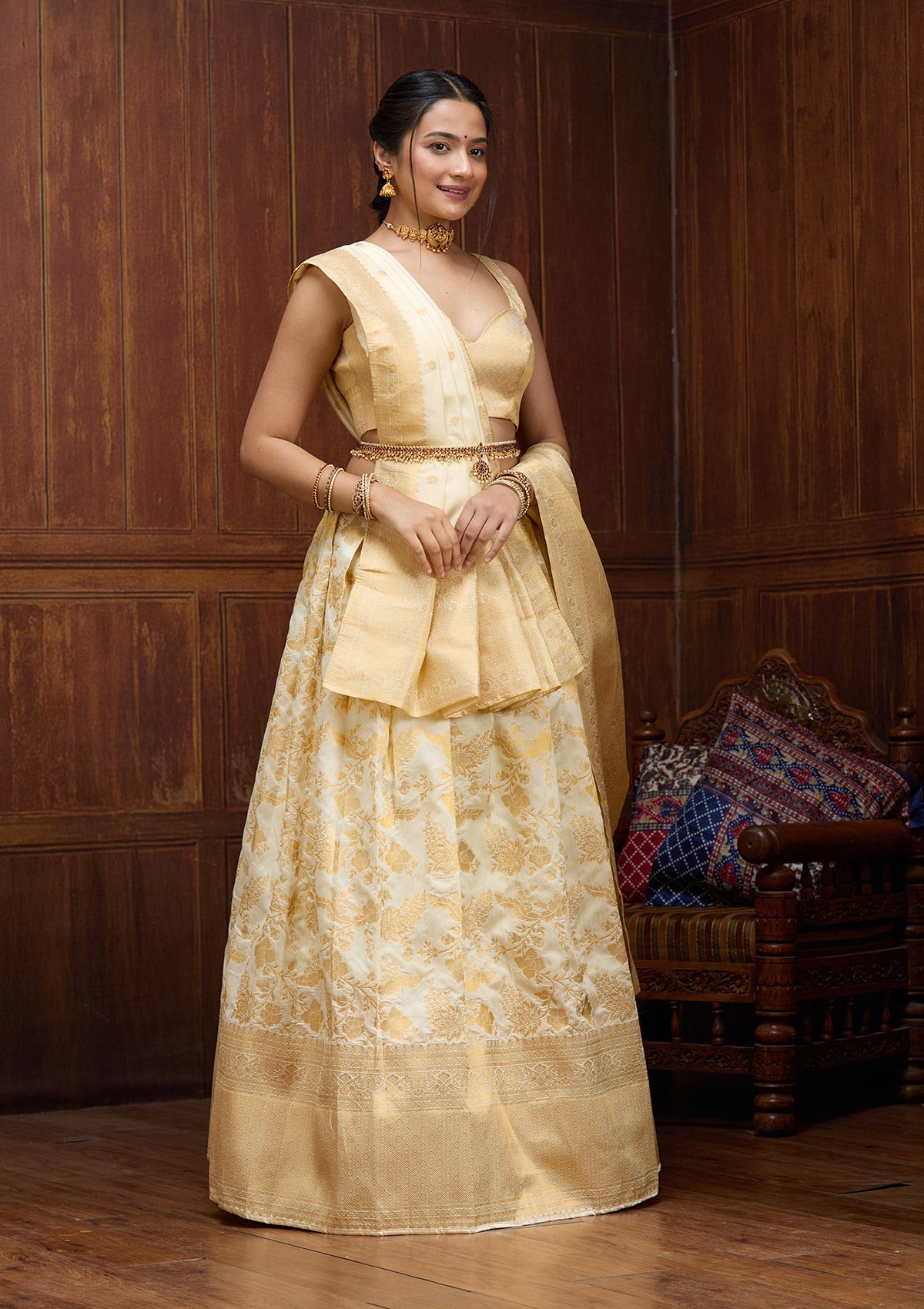 Off White Banarasi Readymade Lehenga-Koskii