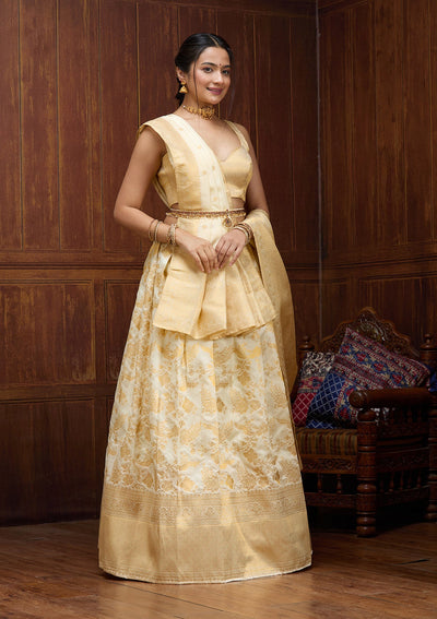 Off White Banarasi Readymade Lehenga-Koskii