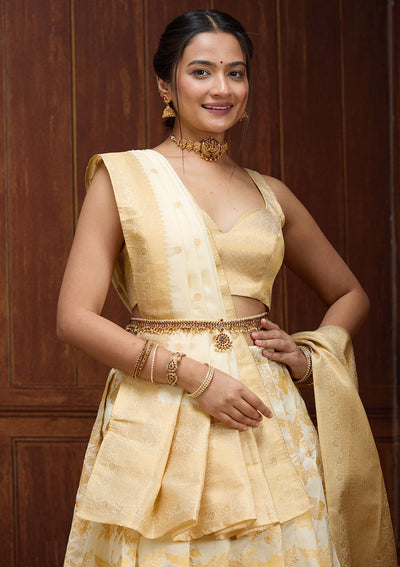 Off White Banarasi Readymade Lehenga-Koskii