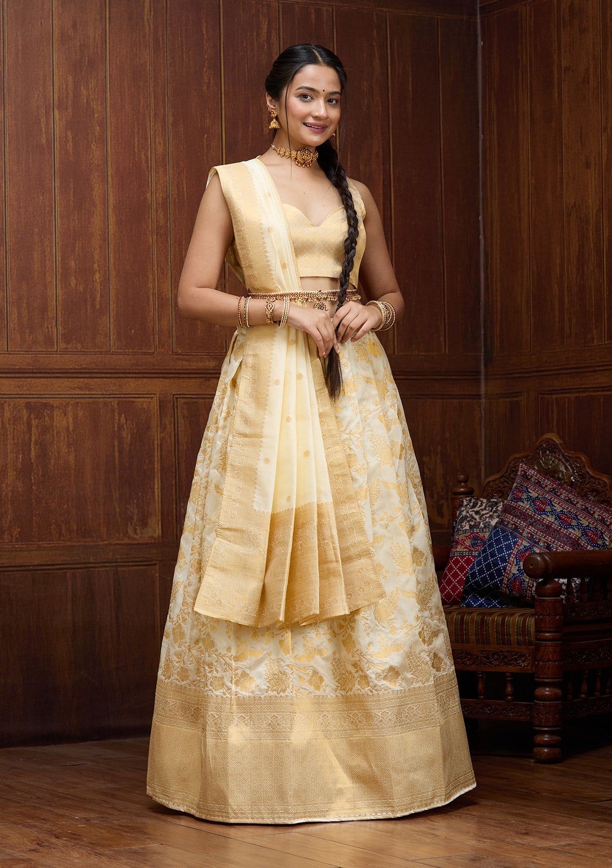 Off White Banarasi Readymade Lehenga-Koskii