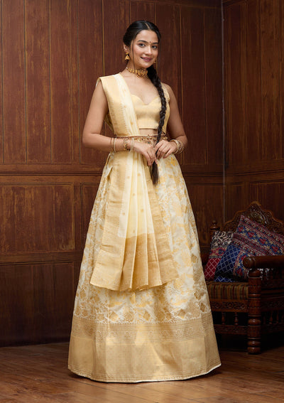Off White Banarasi Readymade Lehenga-Koskii