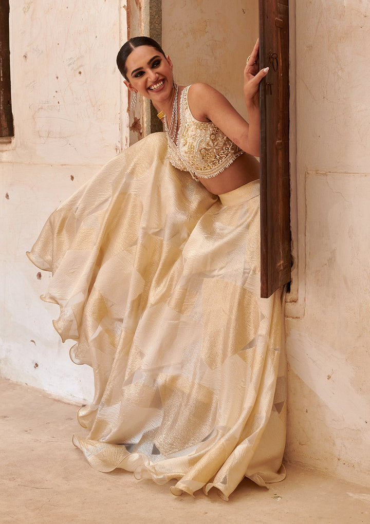 Cream Pearlwork Organza Readymade Lehenga