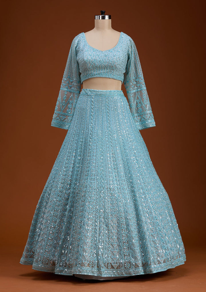 Sky Blue Threadwork Net Readymade Lehenga-koskii