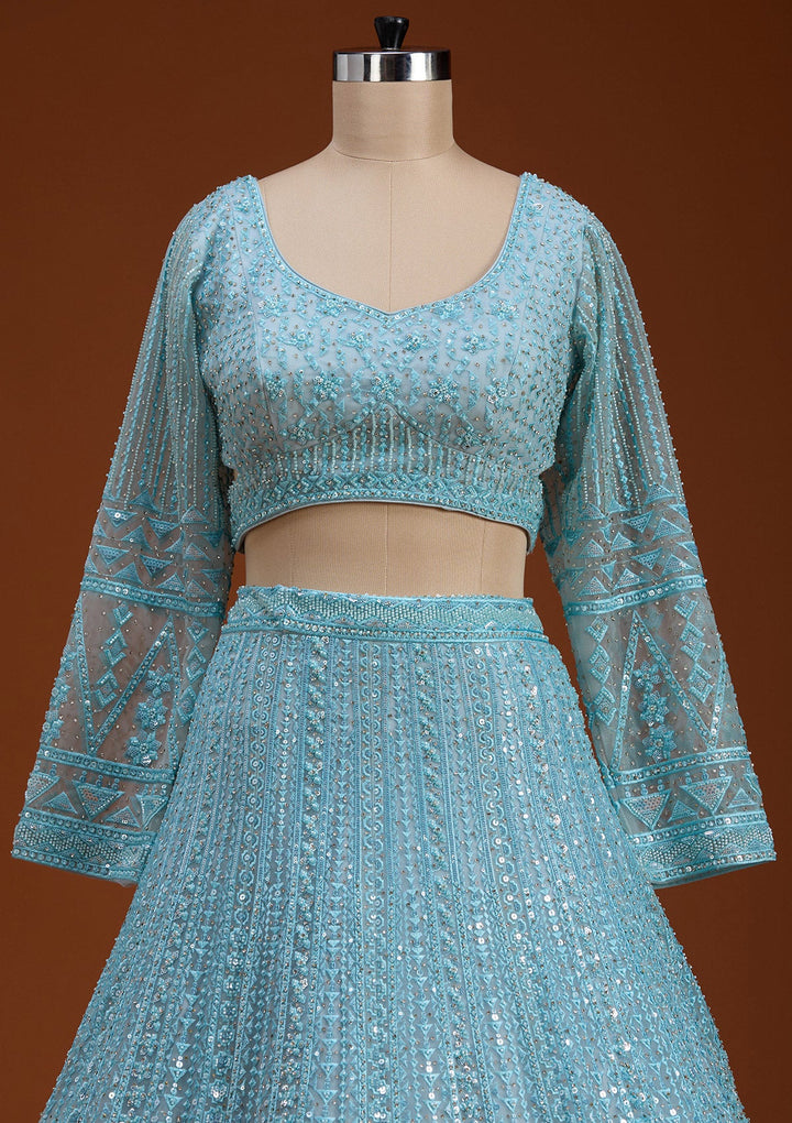 Sky Blue Threadwork Net Readymade Lehenga-koskii