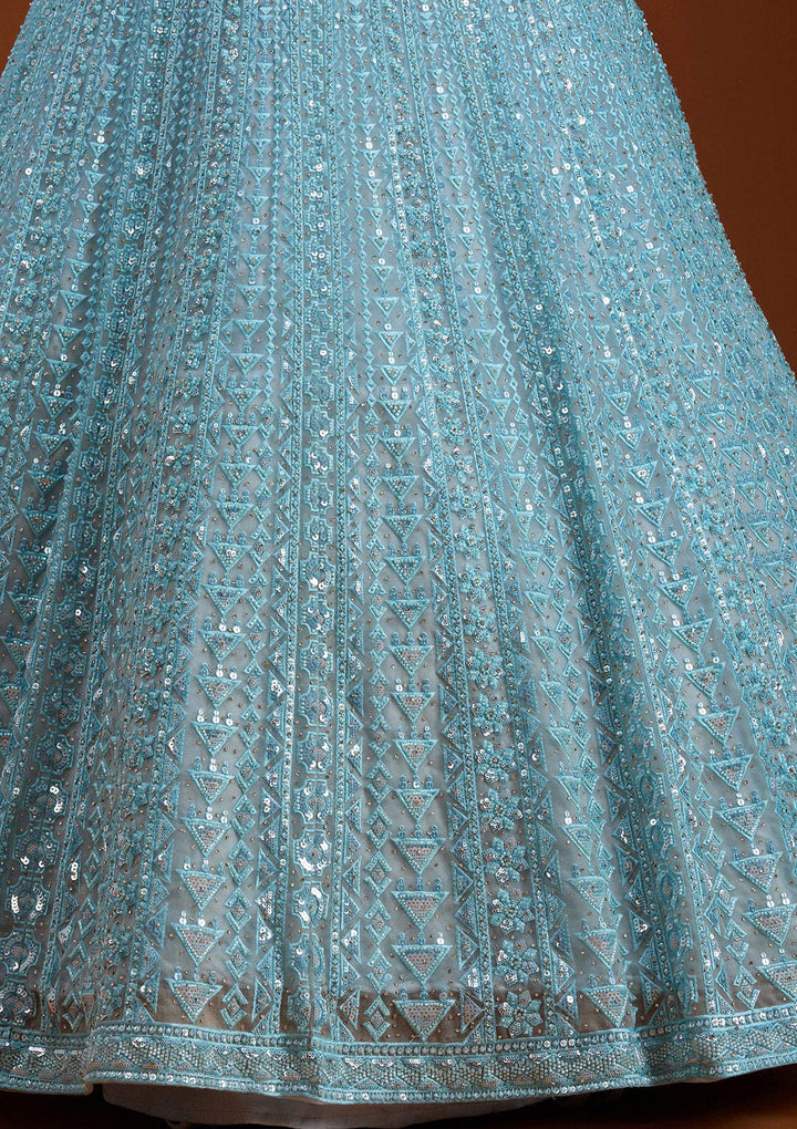 Sky Blue Threadwork Net Readymade Lehenga-koskii