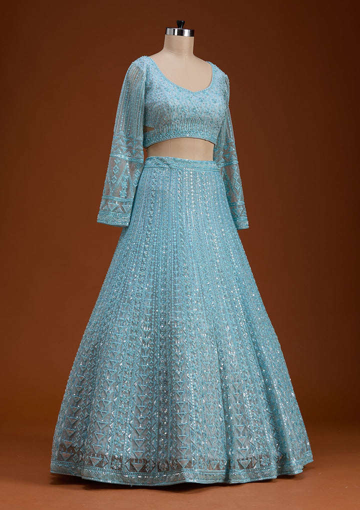 Sky Blue Threadwork Net Readymade Lehenga-koskii