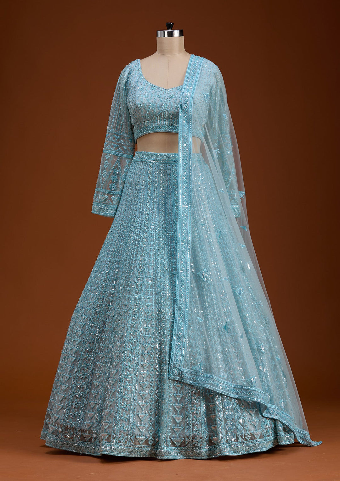 Sky Blue Threadwork Net Readymade Lehenga-koskii