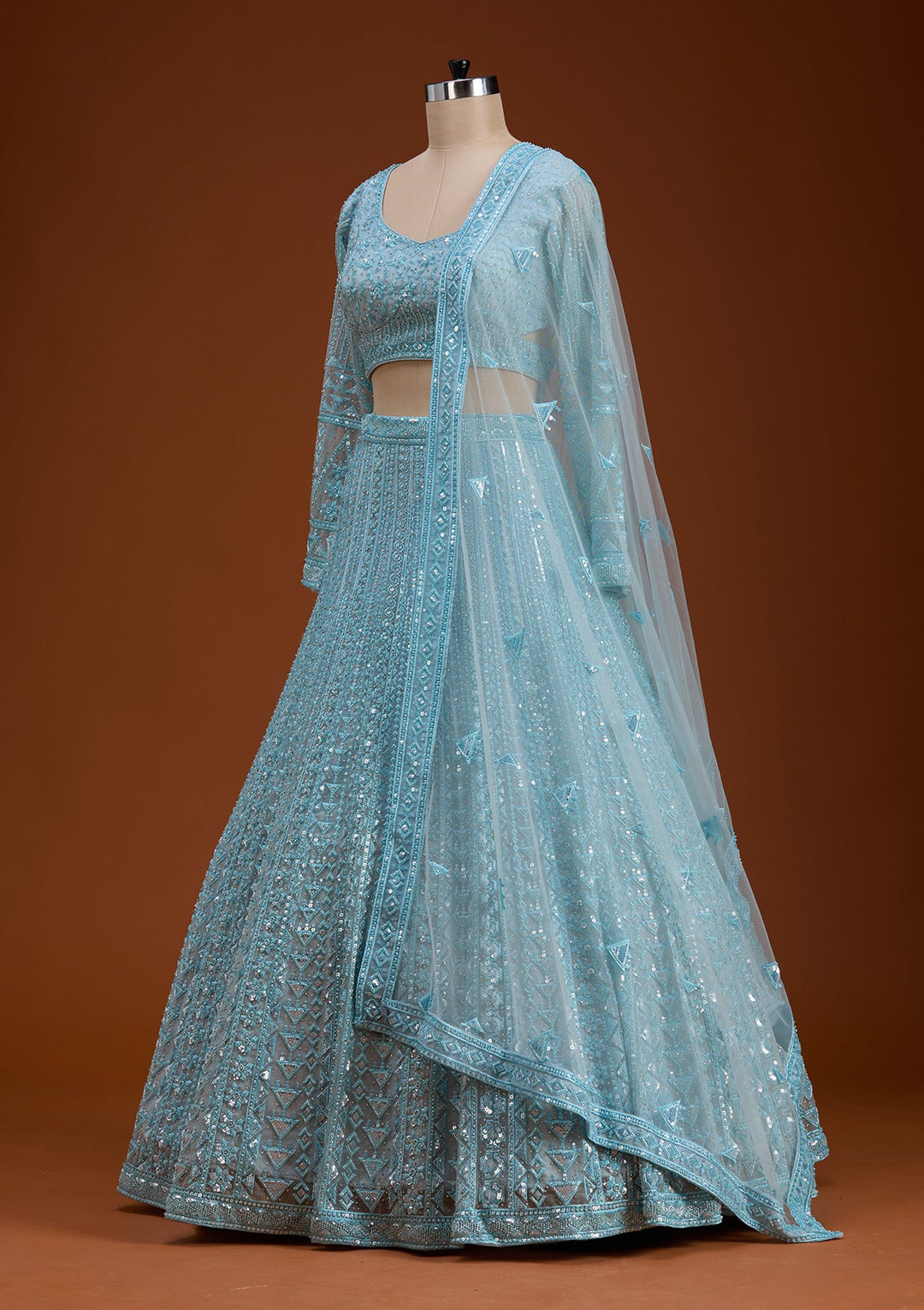 Sky Blue Threadwork Net Readymade Lehenga-koskii