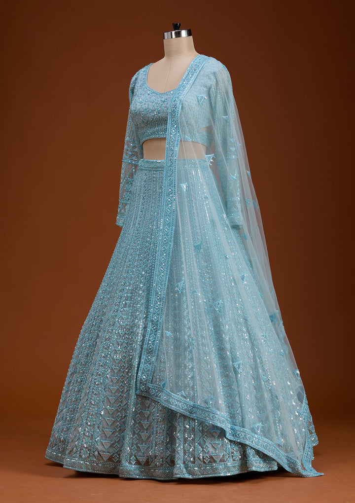 Sky Blue Threadwork Net Readymade Lehenga-koskii