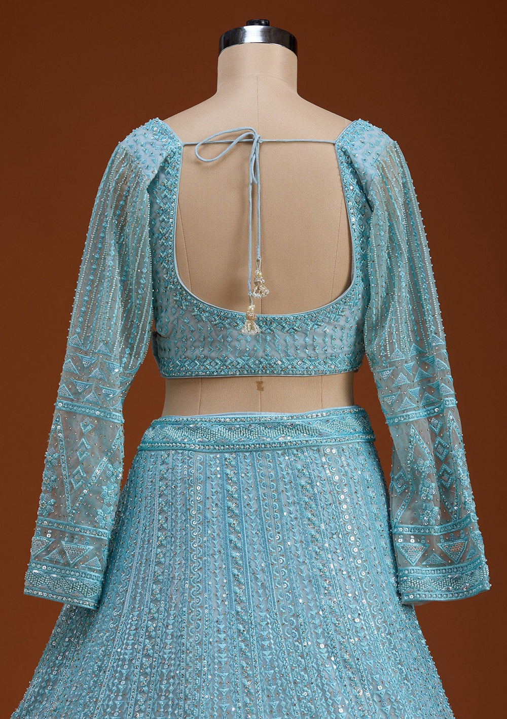 Sky Blue Threadwork Net Readymade Lehenga-koskii