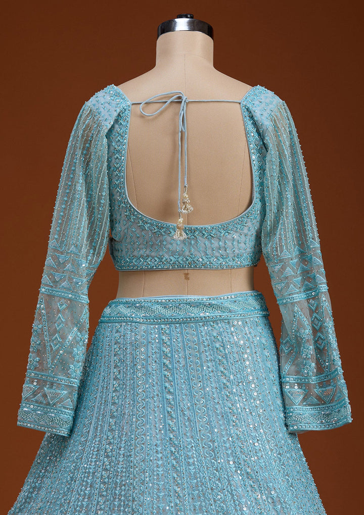 Sky Blue Threadwork Net Readymade Lehenga-koskii