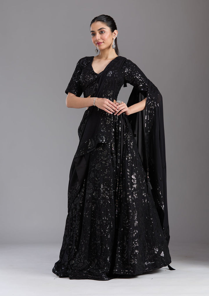 Black Sequins Georgette Readymade Lehenga