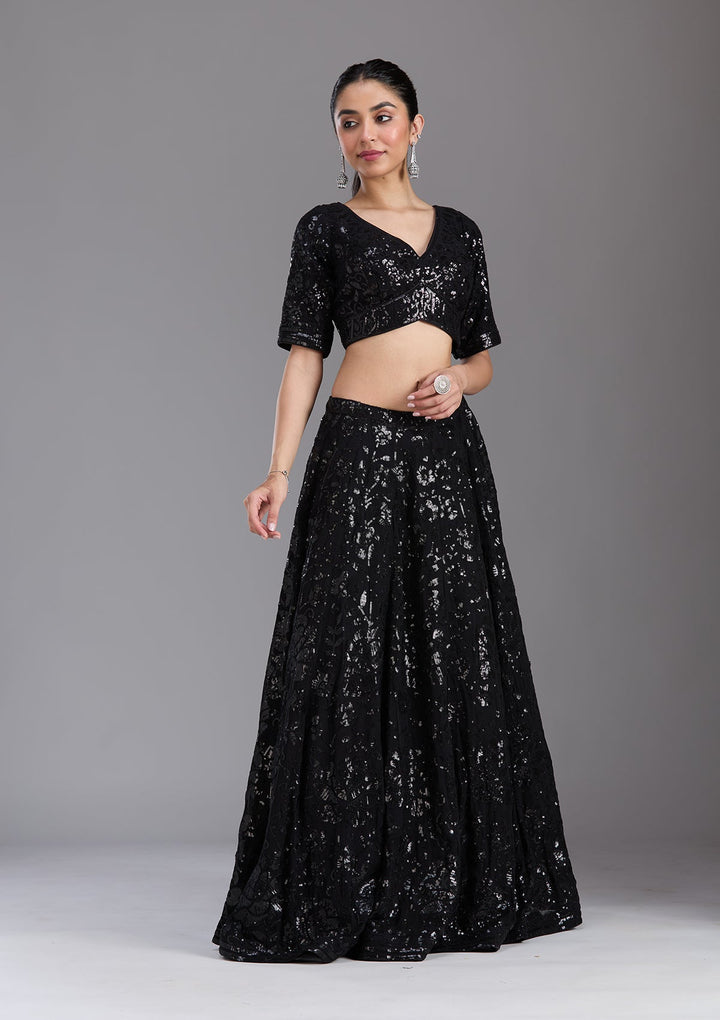 Black Sequins Georgette Readymade Lehenga