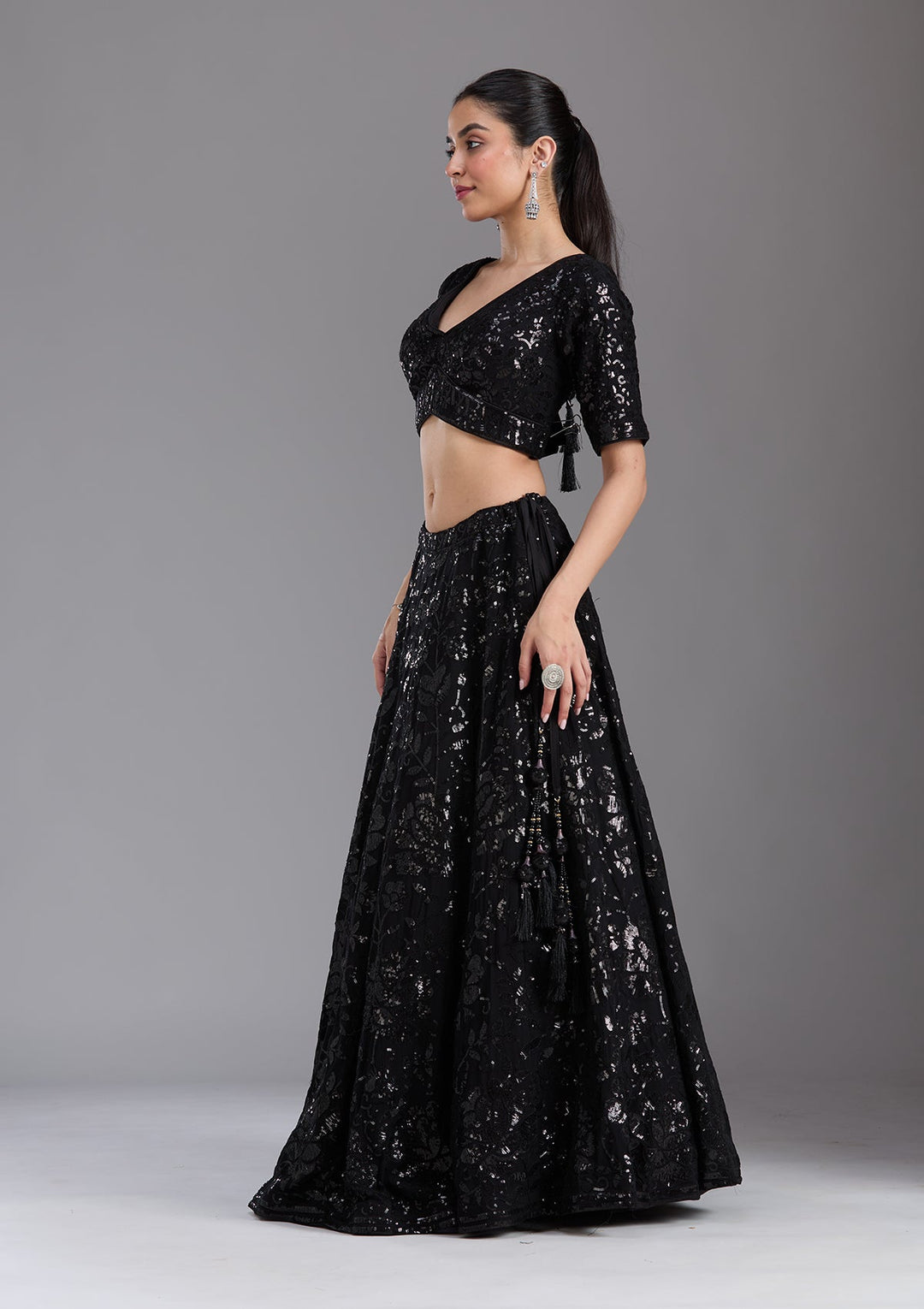 Black Sequins Georgette Readymade Lehenga