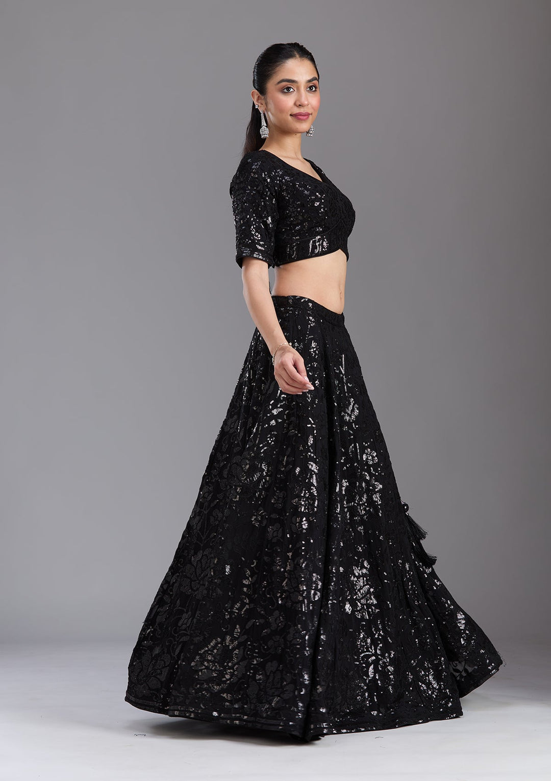 Black Sequins Georgette Readymade Lehenga
