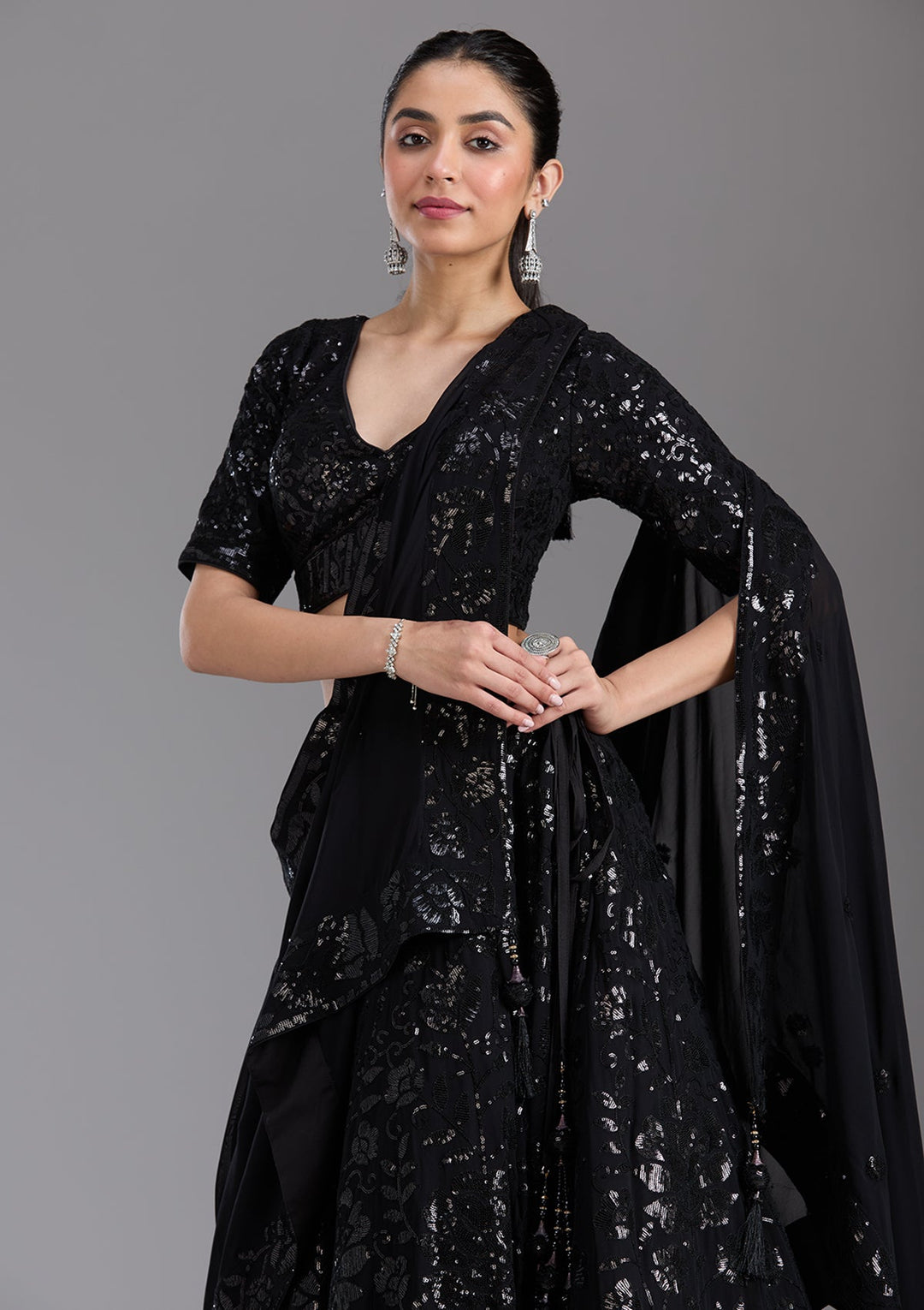 Black Sequins Georgette Readymade Lehenga