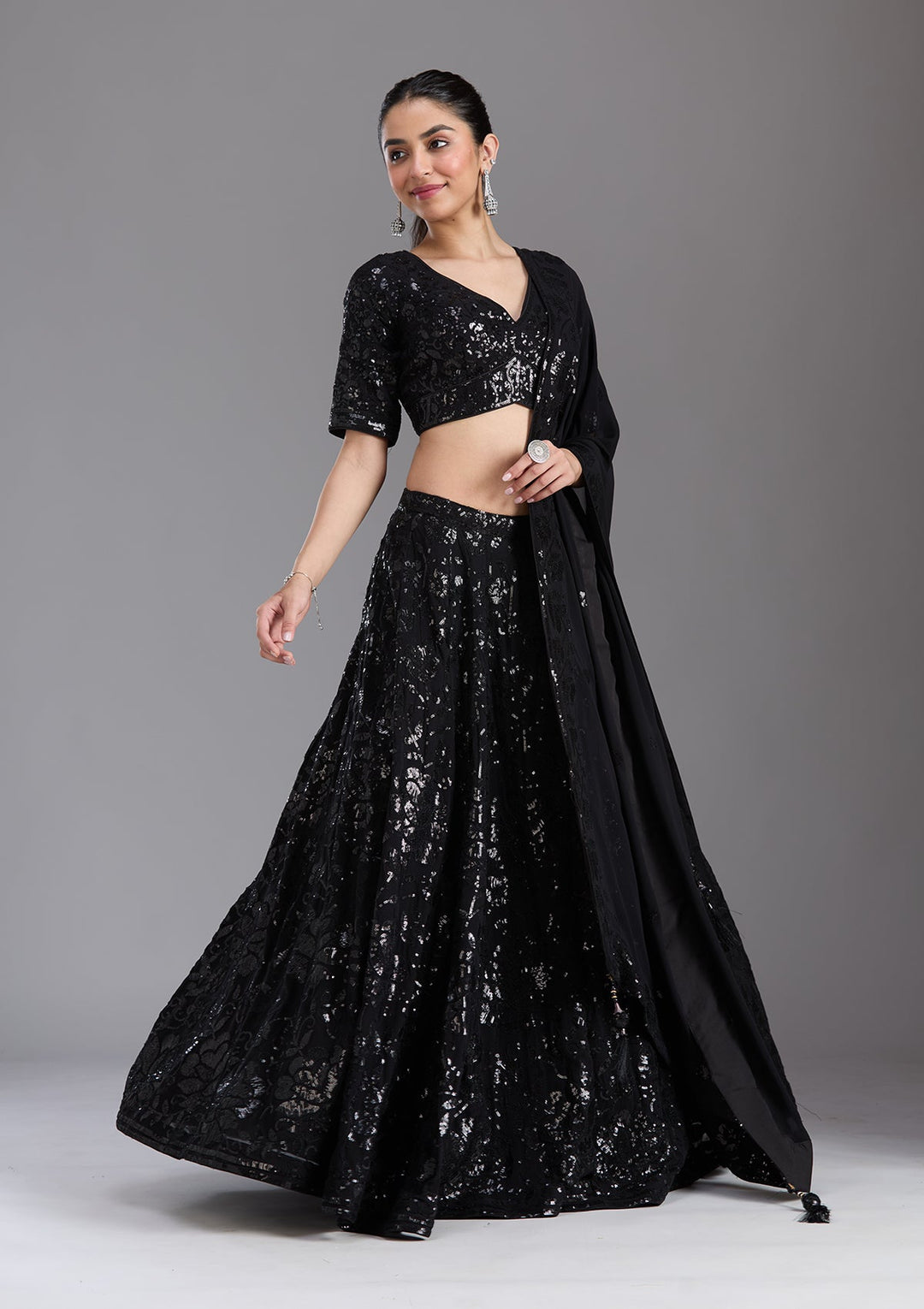 Black Sequins Georgette Readymade Lehenga