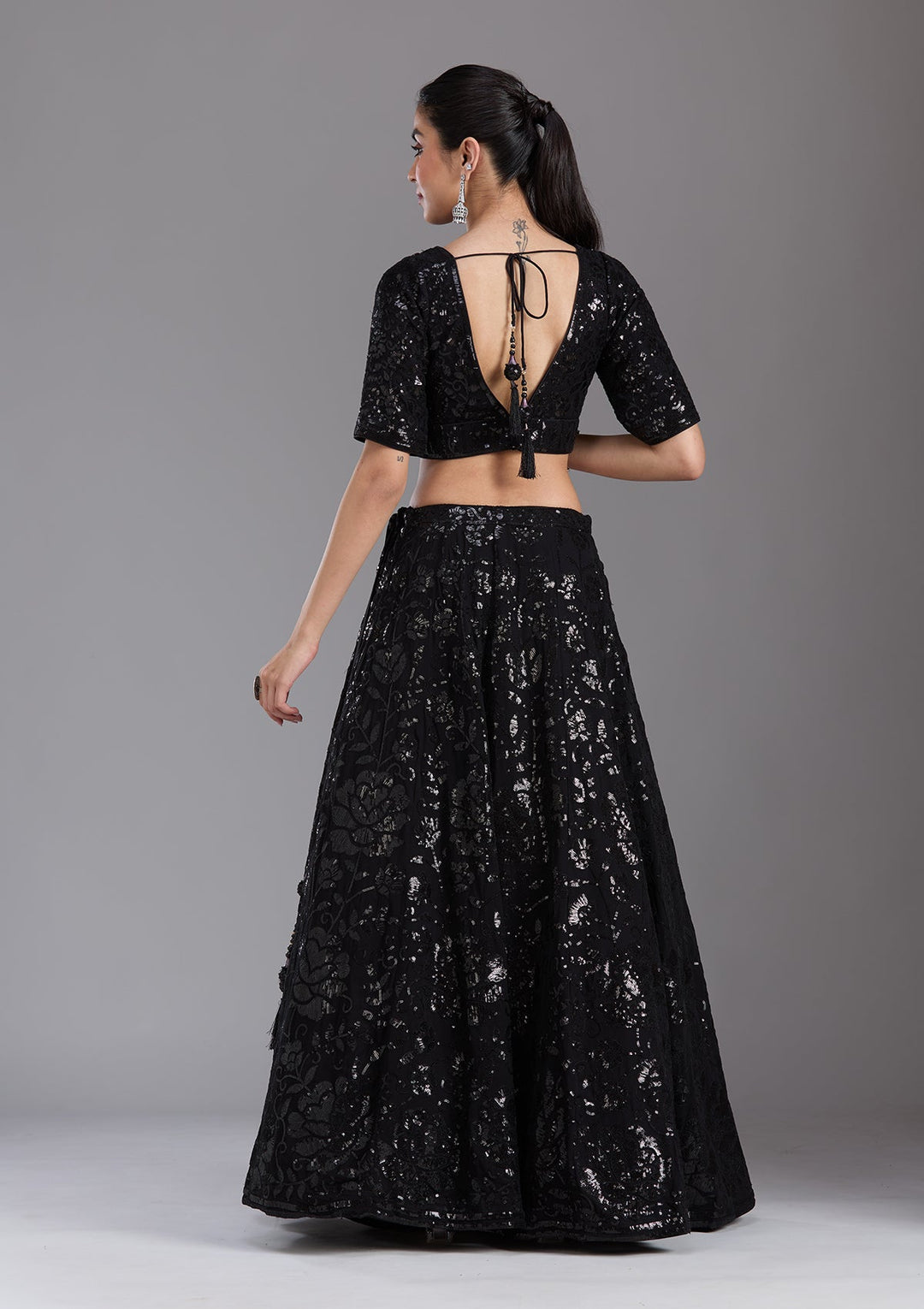 Black Sequins Georgette Readymade Lehenga