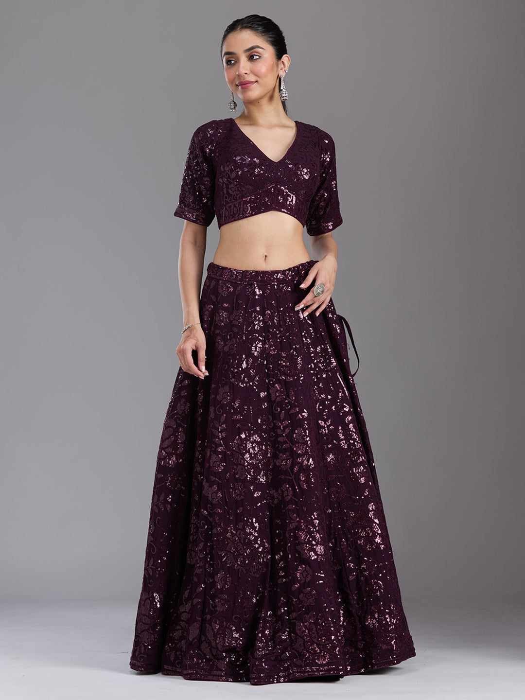 Wine Sequins Georgette Readymade Lehenga
