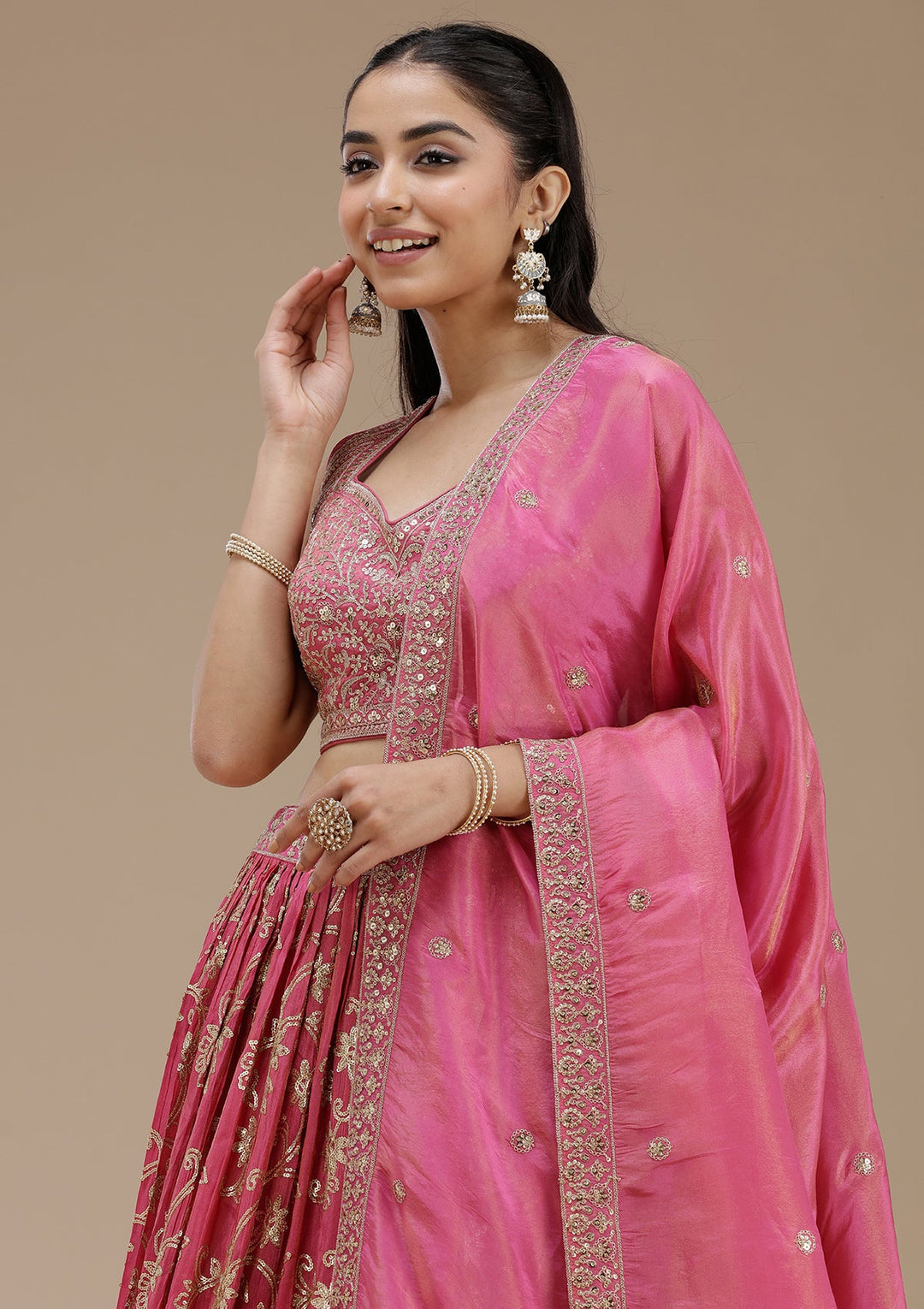 Magenta Pink Sequins Shimmer Readymade Lehenga-koskii
