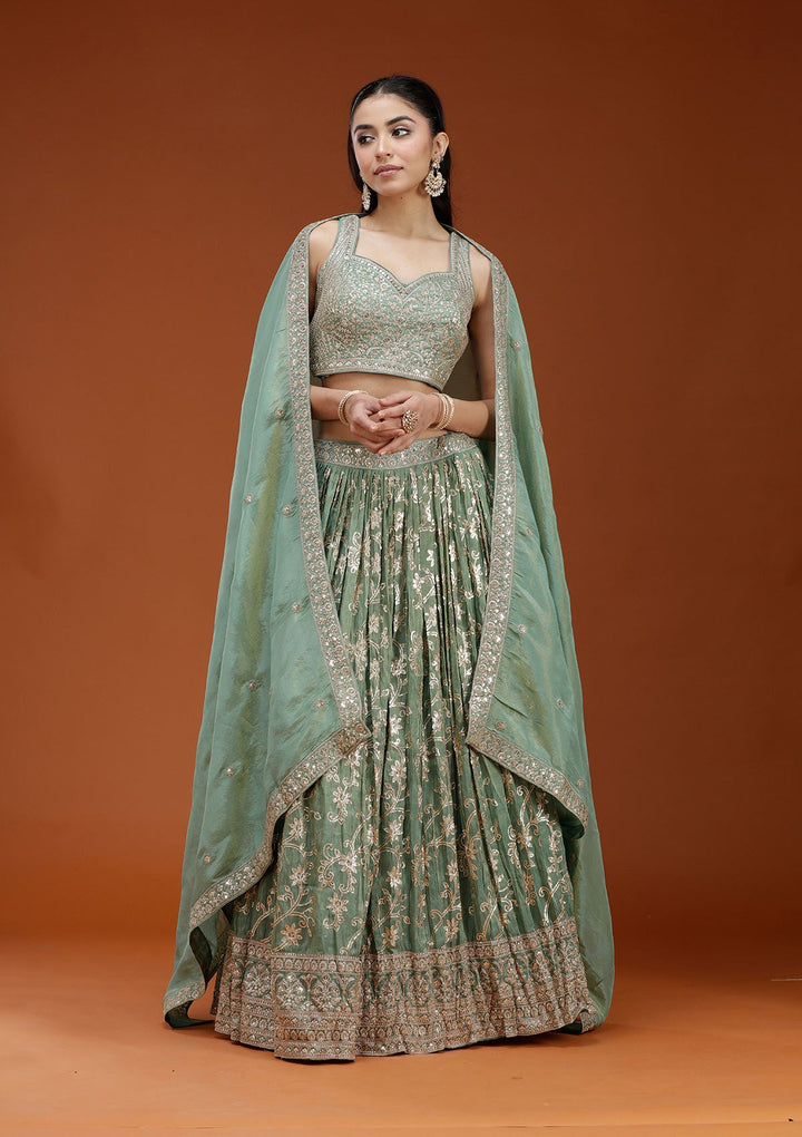 Pista Green Sequins Shimmer Readymade Lehenga-koskii
