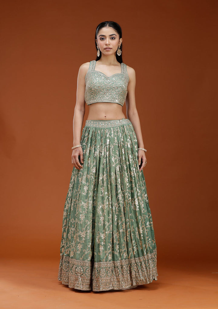 Pista Green Sequins Shimmer Readymade Lehenga-koskii