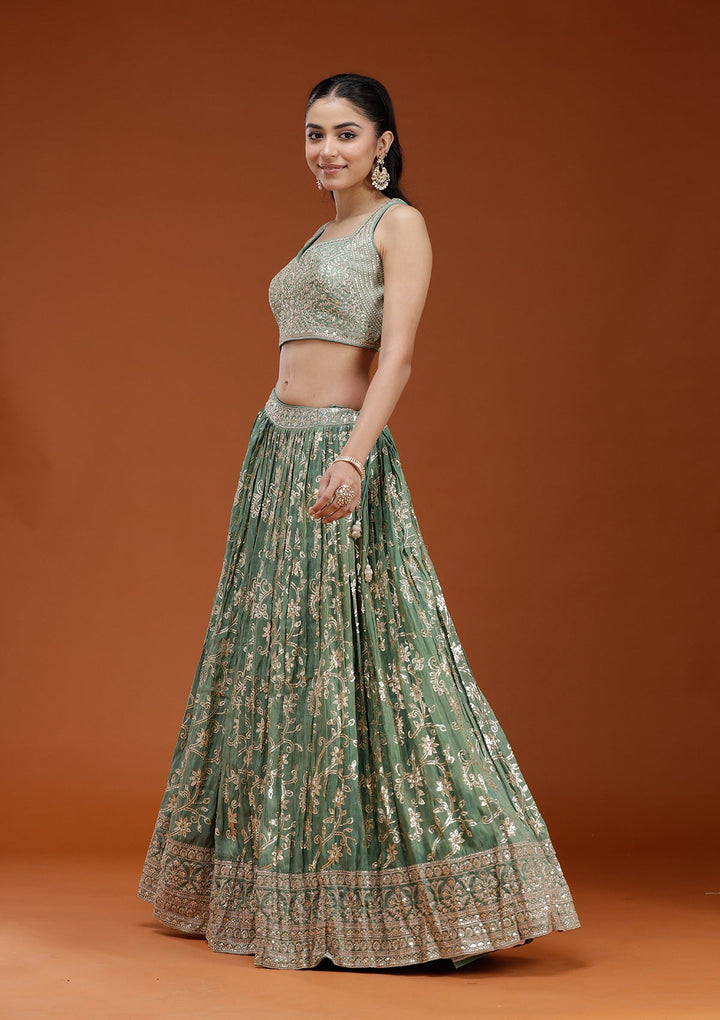 Pista Green Sequins Shimmer Readymade Lehenga-koskii