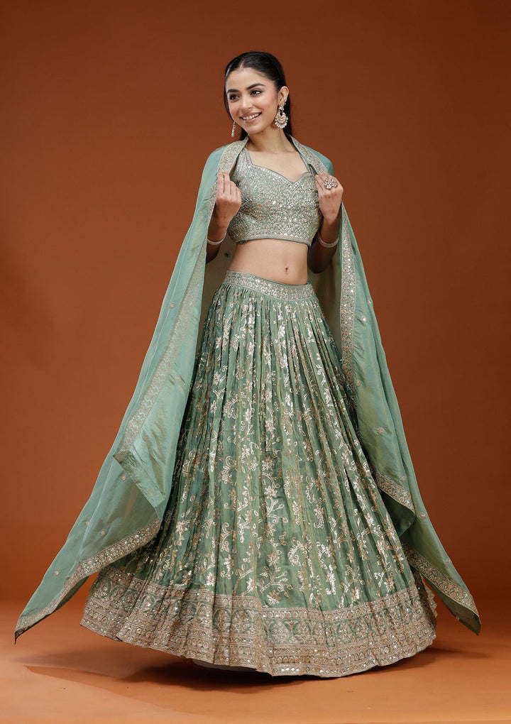 Pista Green Sequins Shimmer Readymade Lehenga-koskii