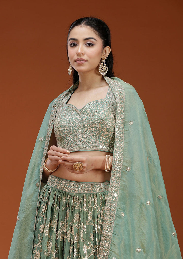 Pista Green Sequins Shimmer Readymade Lehenga-koskii