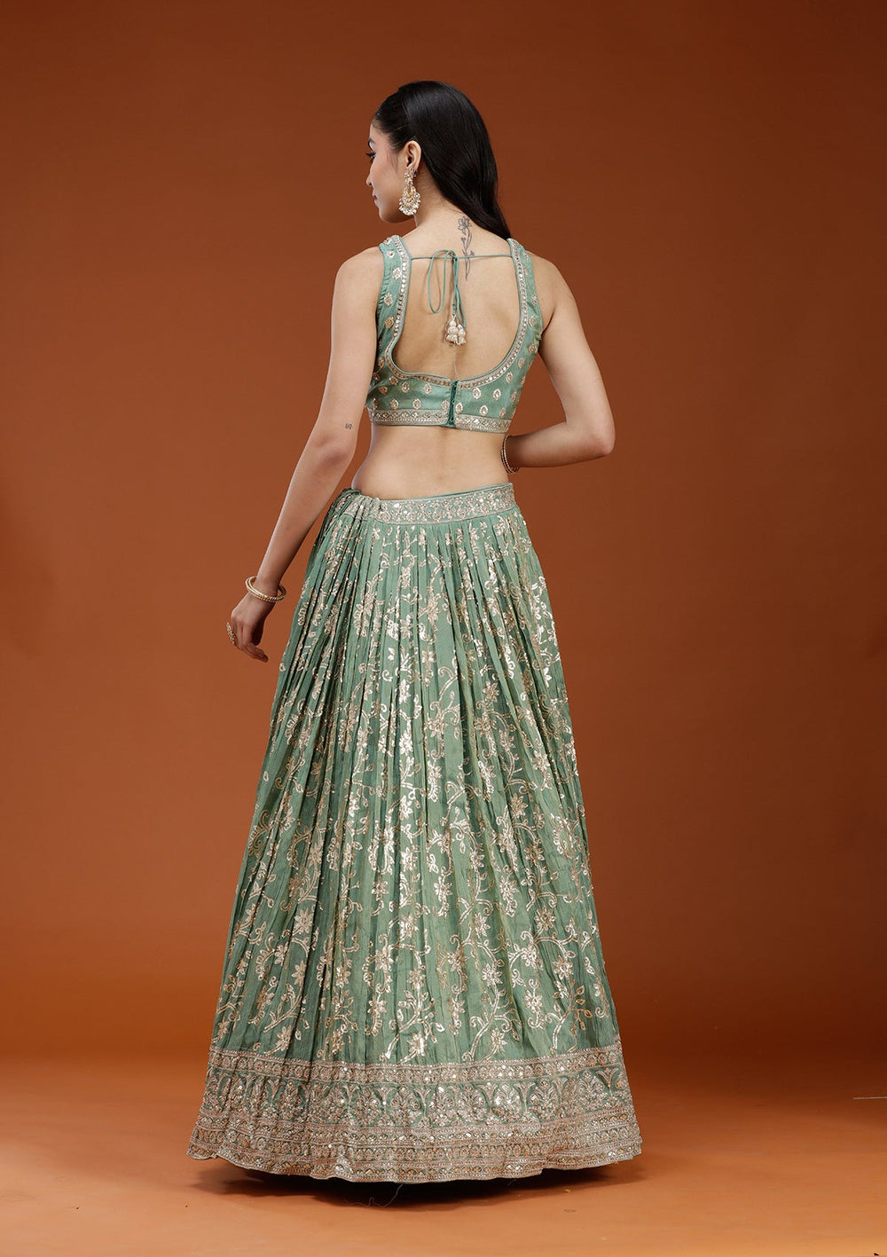 Pista Green Sequins Shimmer Readymade Lehenga-koskii