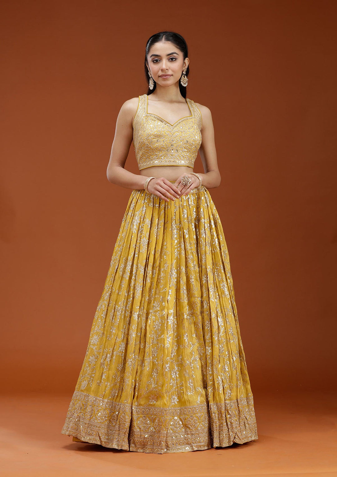 Yellow Sequins Shimmer Readymade Lehenga-koskii