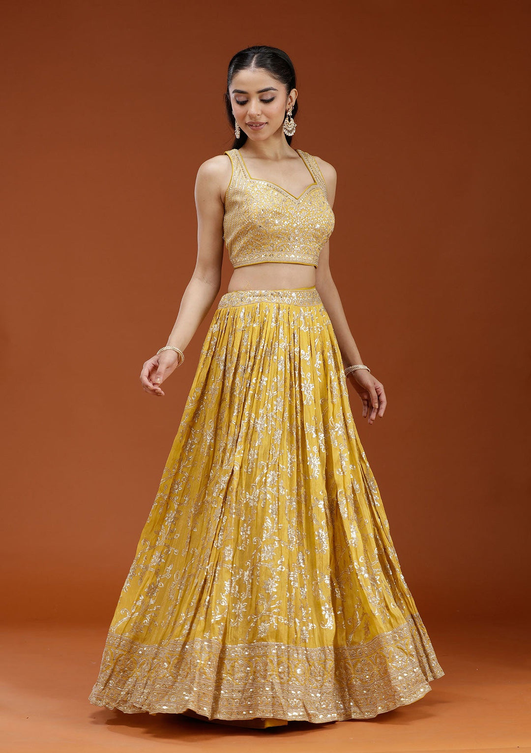 Yellow Sequins Shimmer Readymade Lehenga-koskii