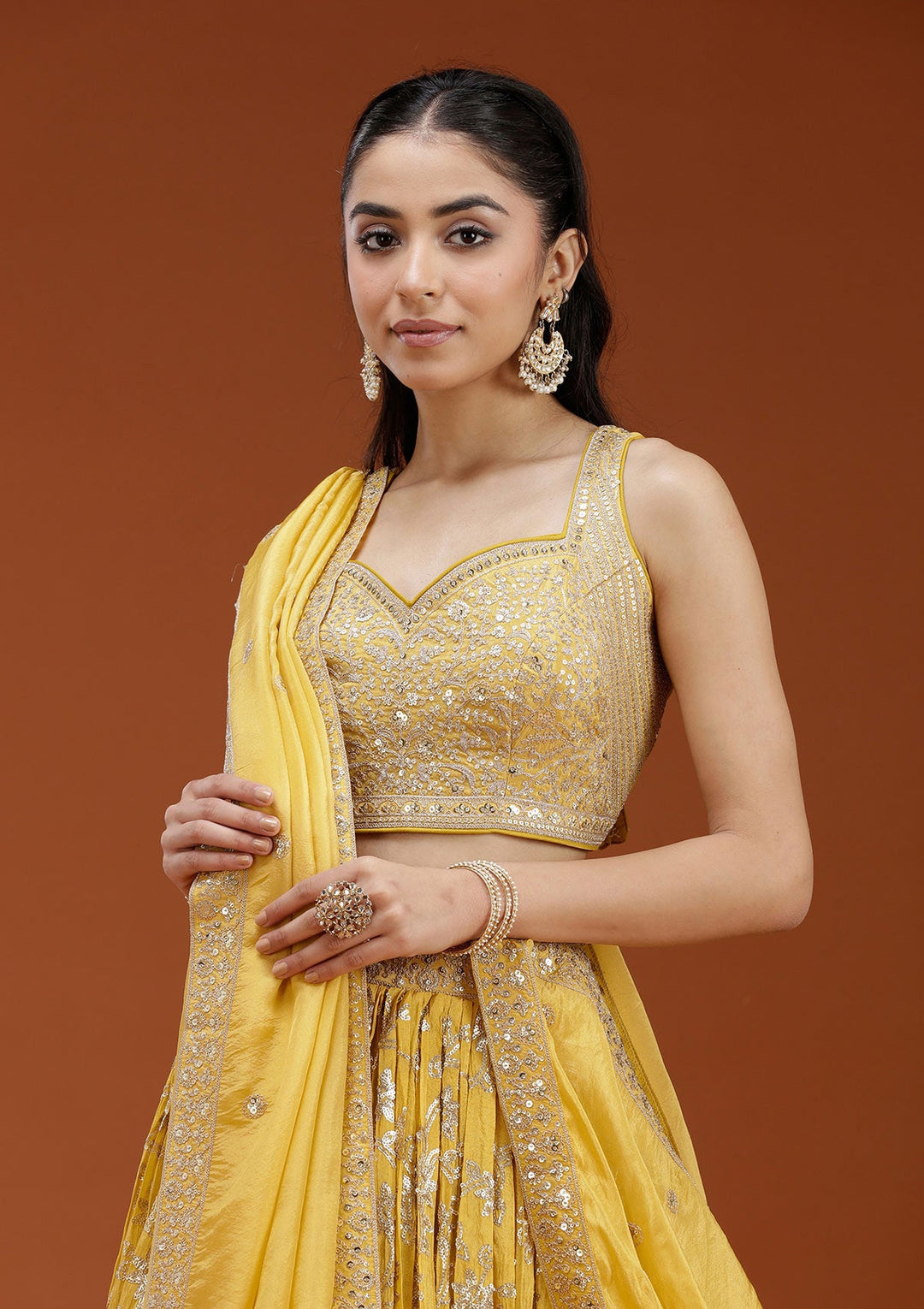 Yellow Sequins Shimmer Readymade Lehenga-koskii