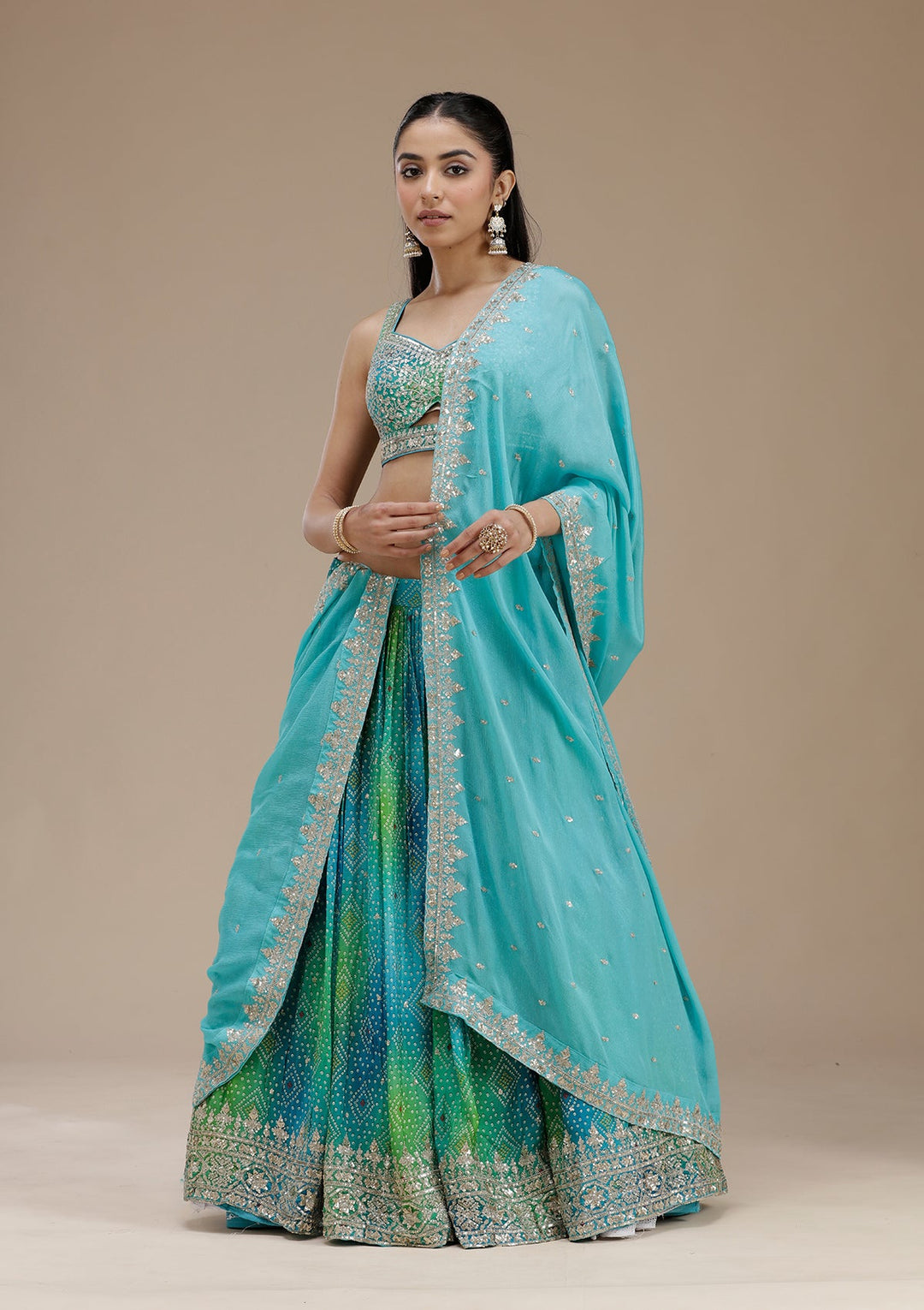 Sky Blue Sequins Crepe Readymade Lehenga-koskii
