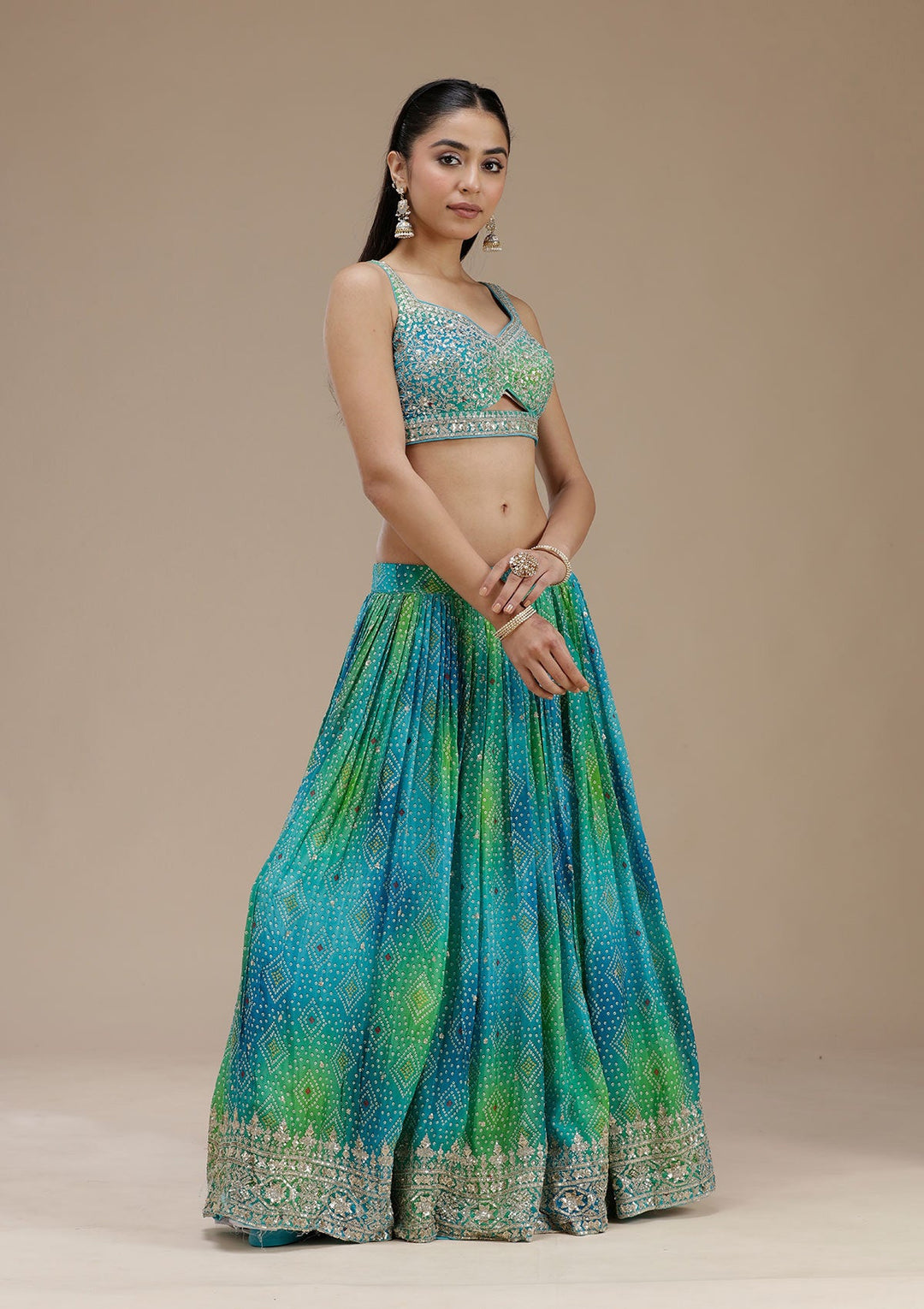 Sky Blue Sequins Crepe Readymade Lehenga-koskii