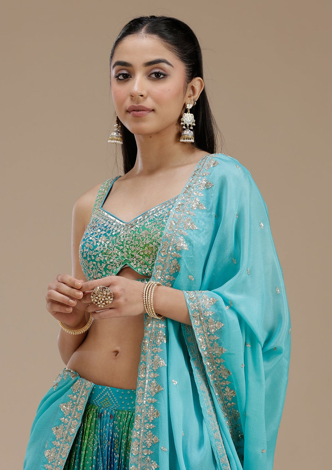 Sky Blue Sequins Crepe Readymade Lehenga-koskii