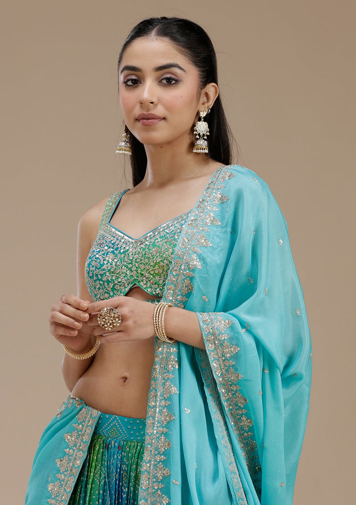 Sky Blue Sequins Crepe Readymade Lehenga-koskii