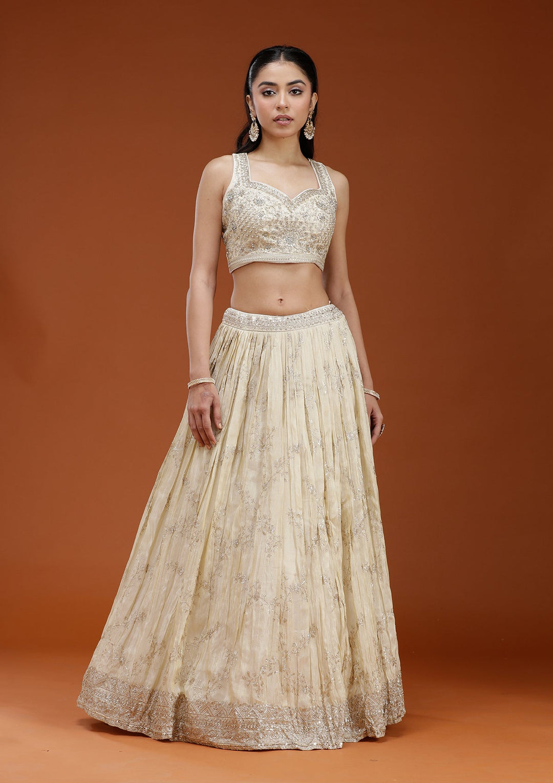 Beige Sequins Shimmer Readymade Lehenga-koskii