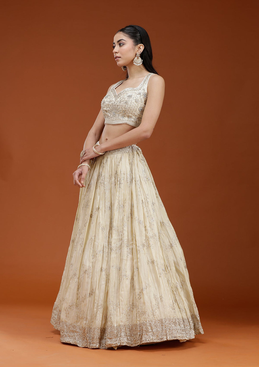 Beige Sequins Shimmer Readymade Lehenga-koskii