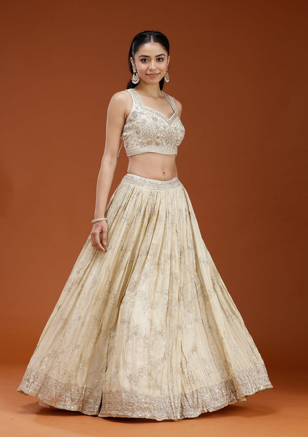 Beige Sequins Shimmer Readymade Lehenga-koskii