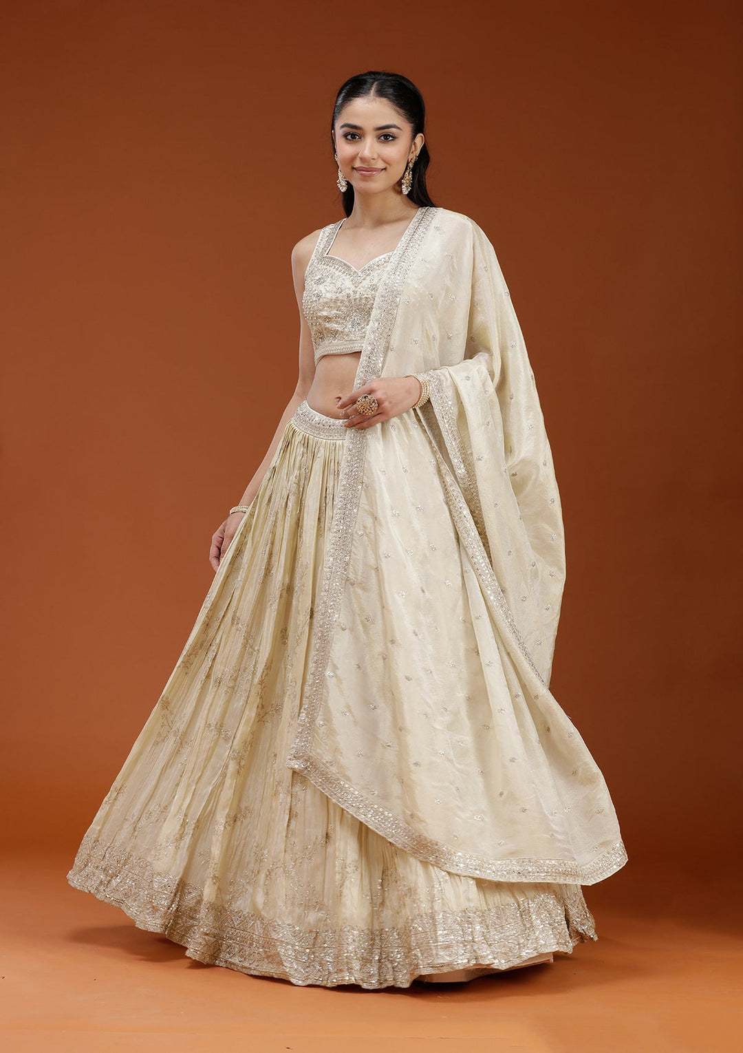 Beige Sequins Shimmer Readymade Lehenga-koskii