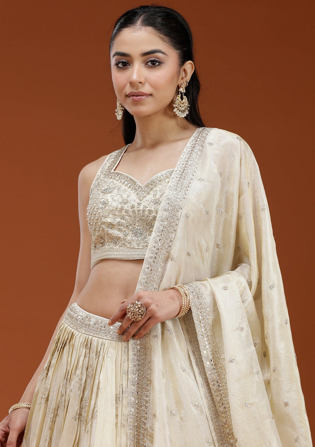 Beige Sequins Shimmer Readymade Lehenga-koskii