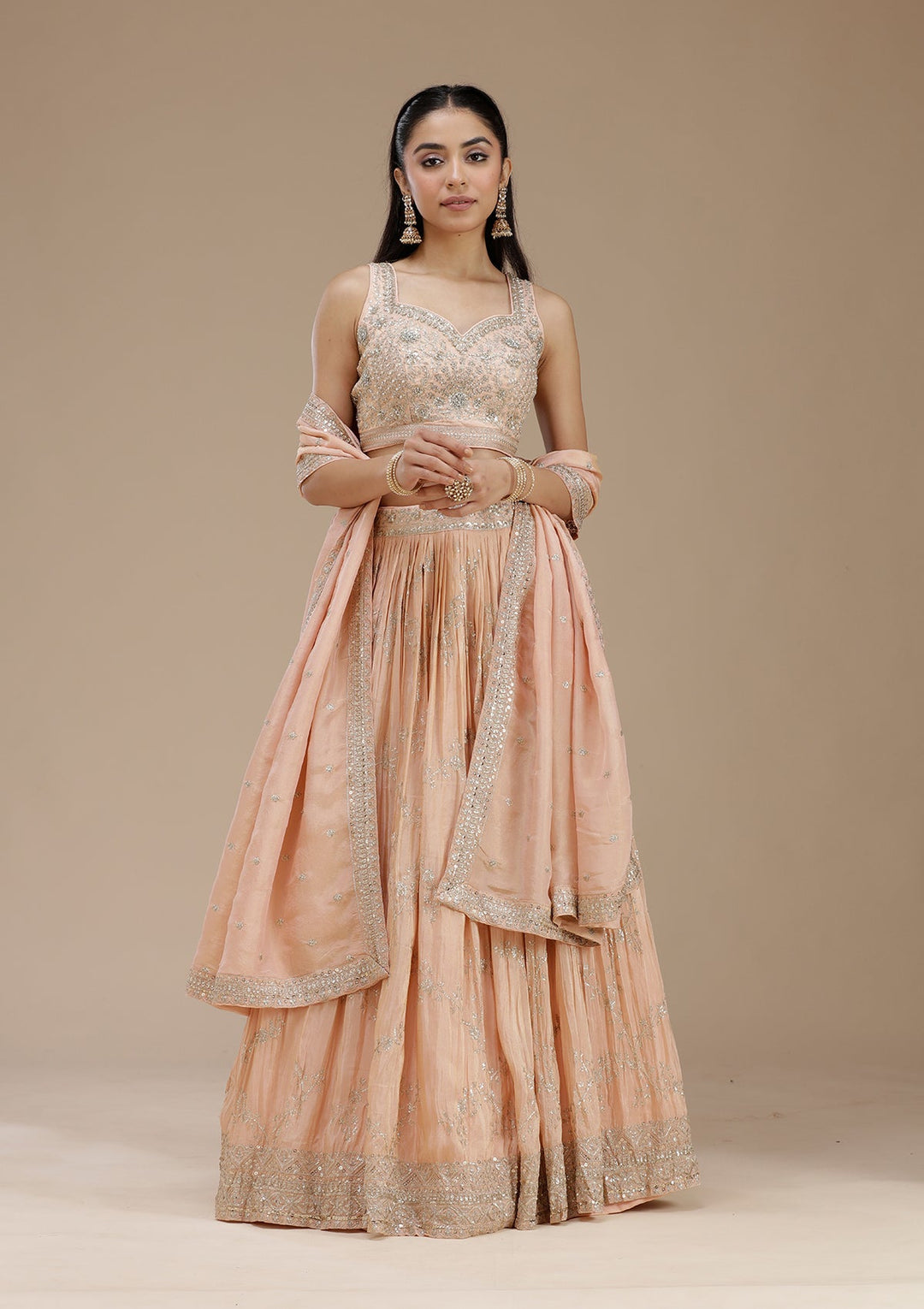 Peach Sequins Shimmer Readymade Lehenga-koskii