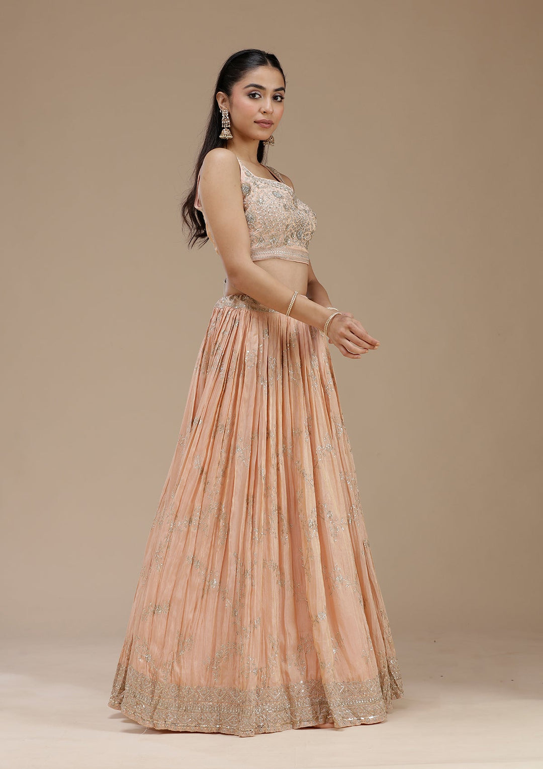 Peach Sequins Shimmer Readymade Lehenga-koskii
