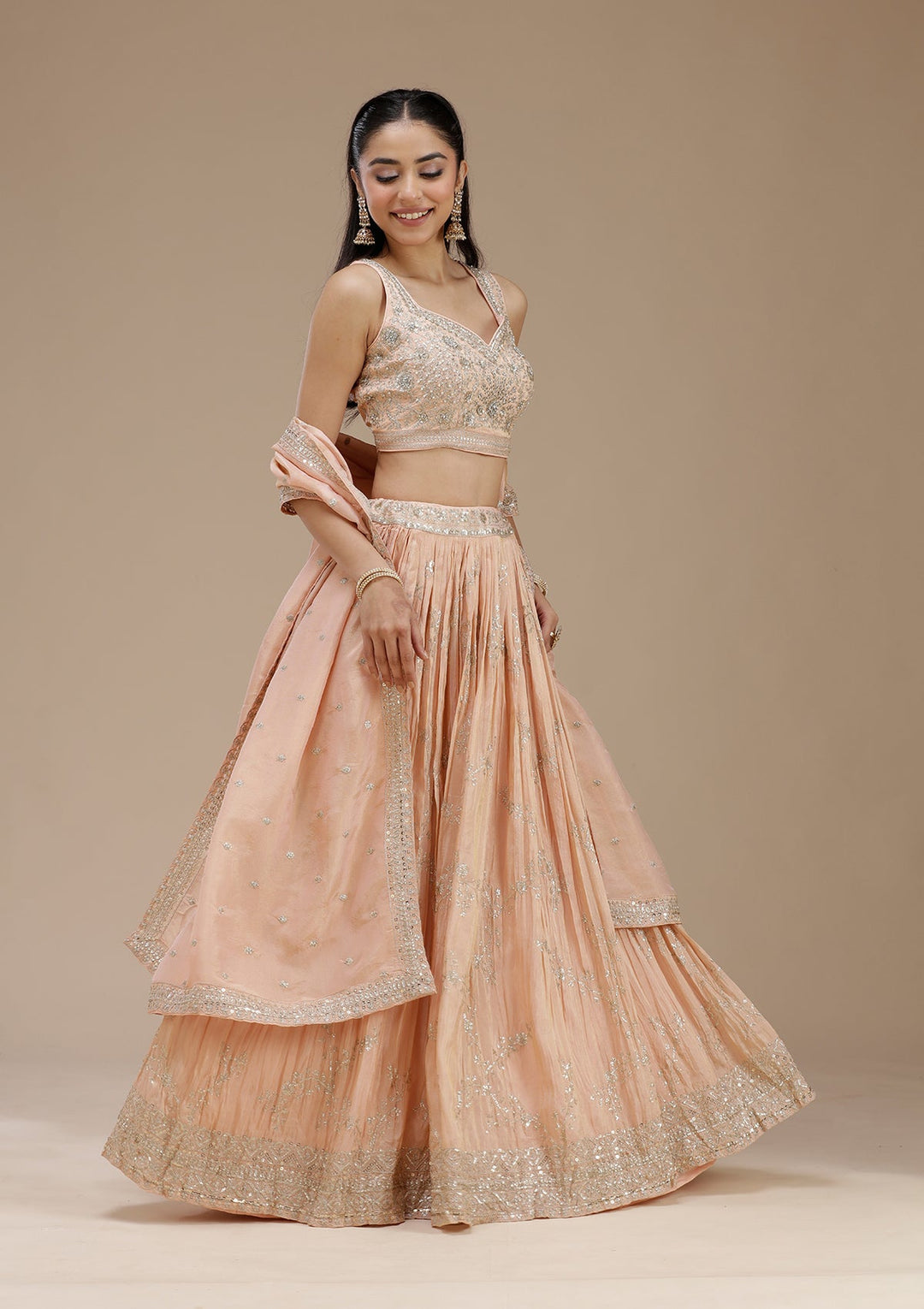 Peach Sequins Shimmer Readymade Lehenga-koskii